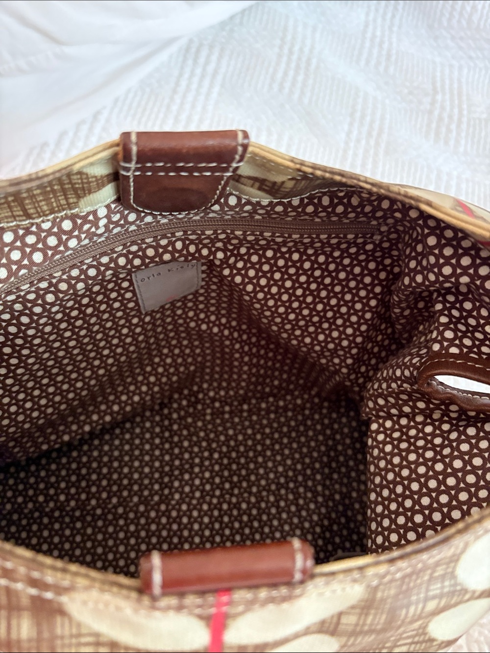 Orla Kiely Brown and Cream Stem-Print Hobo with Red Trim - Picture 2 of 4
